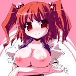 1girl breasts female hair_bobbles hair_ornament hazumi_miruku huge_breasts komachi_onozuka large_breasts lowres miuku_(marine_sapphire) nipples onozuka_komachi red_eyes red_hair short_hair smile solo touhou