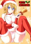 1girl :< agrias_oaks areola areolae bell blonde_hair blush bra braid breasts cameltoe christmas d_kurouri erect_nipples final_fantasy final_fantasy_tactics hat large_breasts lingerie midriff nipple_slip nipples panties santa_costume santa_hat single_braid snowflakes solo spread_legs stocking_cap thighhighs underboob underwear