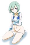 1girl aqua_hair bottomless collar eureka eureka_7 eureka_seven eureka_seven_(series) midriff no_pants no_pussy non non_(number) novagina panties panty_pull purple_eyes pussy shirt_lift shoes short_hair sitting smile solo underwear