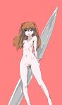 1girl asuka_langley_souryuu blue_eyes breasts double-blade female fever-san flat_chest hair_ornament navel neon_genesis_evangelion nipples nude pink_background pubic_hair simple_background small_breasts solo standing uncensored weapon