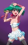 breasts green_hair macross macross_frontier microphone nipples paopa_ship purple_background ranka_lee red_eyes ribbon ribbons short_hair singing skirt thighhighs wardrobe_malfunction