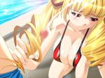  1boy 1girl bikini blonde_hair breasts censored cleavage cum cum_on_hair drill_hair ejaculation female from_above game_cg hairjob handjob hetero ino_(magloid) large_breasts long_hair micro_bikini mosaic_censoring oshioki_sweetie penis pool pov red_eyes ribbon sad shinmeiji_rinn solo_focus strap_gap swimsuit water 