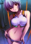 1girl adapted_costume blue_hair bra breasts duplicate highres kobayashi_yuji kobayashi_yuuji lowleg lowleg_panties midriff neon_genesis_evangelion panties panty_pull rei_ayanami solo standing underwear white_bra white_panties