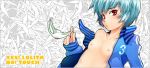  1girl asaki_takayuki blue_hair breasts flat_chest holding holding_panties jacket lowleg lowleg_panties naked_track_jacket open_clothes open_jacket open_shirt panties red_eyes shirt short_hair small_breasts solo track_jacket underwear 