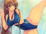 1_female 1_human 1girl bare_legs breast_hold breasts brown_hair code_geass female female_human female_only green_eyes hair huge_breasts human human_only indoors leg_lift leg_up legs long_hair one-piece_swimsuit orange_hair shirley_fenette single_vertical_stripe solo_female spread_legs standing swimsuit very_long_hair water yoko_juusuke