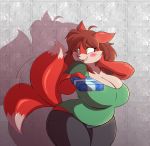 1girl anthro blush breasts cleavage denim fox fox_ears fox_tail furry gift goblinhordestudios green_eyes green_shirt jeans k9wolf large_breasts looking_away medium_hair plump red_fur red_hair sharp_teeth short_sleeves thick_thighs thighs vulpine wagging_tail wide_hips