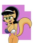  1girl big_breasts bikini black_hair blue_background bottomless brown_fur cat_ears cat_girl cat_tail cosplay female_only furry giggling headband kitty_katswell nickelodeon t.u.f.f._puppy yiff 