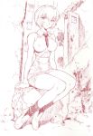 1girl breasts erect_nipples footwear miniskirt mogudan monochrome necktie neon_genesis_evangelion pencil_skirt rei_ayanami scan skirt socks solo thighs tie