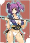  1girl akishima_kei bad_id big_breasts breasts erect_nipples eyebrows female komachi_onozuka large_breasts onozuka_komachi panties purple_hair red_eyes short_hair side-tie_panties touhou twin_tails underwear white_panties 