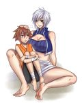 2girls ankle_wraps barefoot bike_shorts blush breasts brown_hair feet flat_chest hina_(cassissoda) hokage_(manyuu_hikenchou) japanese_clothes kimono kokage_(manyuu_hikenchou) large_breasts manyuu_hikenchou manyuu_kagefusa multiple_girls short_hair short_kimono silver_hair soles tattoo toes wrist_wraps