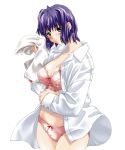  1girl bra dress_shirt frilled_bra frilly_panties golden_eyes looking_at_viewer panties pink_bra pink_panties purple_hair shirt_open towel wet_hair 