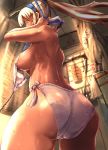  1girl ass blue_eyes breasts dark_skin den_(zeroshiki) from_below hair_ribbon indoors majikina_mina mina_majikina panties ponytail ribbon samurai_shodown samurai_spirits side-tie_panties sideboob snk solo standing sweat underboob underwear wet white_hair white_panties 