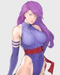  1girl bad_id bare_shoulders blue_eyes breasts elbow_gloves gloves highleg highleg_leotard large_breasts leotard long_hair marvel psylocke purple_hair simple_background solo take_no_ko_(dodon) x-men yuumikouki 