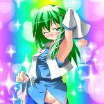  1:1_aspect_ratio 1girl arm_up armpits blush breasts clothing female green_eyes green_hair holding holding_clothes holding_object holding_panties holding_underwear kochiya_sanae long_hair medium_breasts no_panties nopan one_arm_up one_eye_closed panties pantsu r_(rion) sanae_kochiya sideboob solo touhou touhou_project underwear wavy_mouth wink 