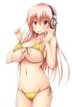 1girl bikini blush breasts covered_nipples erect_nipples headphones large_breasts long_hair looking_at_viewer nitroplus pink_hair red_eyes shake_(ferit3) side-tie_bikini simple_background solo super_sonico swimsuit white_background yellow_bikini