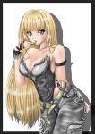 1041_(toshikazu) 1girl 1girl alluring alternate_costume arm_behind_back arm_strap bare_shoulders belt big_breasts blonde_hair blue_eyes breasts bustier cleavage emilie_de_rochefort finger_to_mouth long_hair namco pants single_glove strapless tekken tekken_5_dark_resurrection tekken_7 tekken_tag_tournament_2