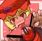 1_female 1_girl blonde_hair censored clothed disembodied_penis female female_human female_teen genital_focus hair handjob hat human human/human human_only looking_at_viewer lowres minoriko_aki red_eyes tagme teen touhou