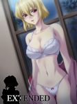 1girl :d bangs blonde_hair blush bow bow_panties bra breasts circle_epion cleavage erect_nipples gundam gundam_seed gundam_seed_destiny hips indoors large_breasts leaf lingerie looking_at_viewer military military_uniform naughty_face navel night night_sky off_shoulder open_clothes open_mouth open_shirt panties pink_eyes red_eyes shirt short_hair silhouette sky smile solo standing stella_loussier stellar_loussier thigh_gap thighs underwear underwear_only undressing uniform white_bra white_panties wide_hips window