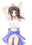  belly blue_eyes blush brown_hair camisole comic_party hair hairband hentai highres long_hair midriff navel sakurai_asahi shorts stretch suzuhira_hiro 