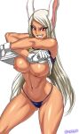  1girl 1girl 1girl abs animal_ears big_breasts breasts bunny_ears bunny_tail clothing dark-skinned_female dark_skin fangs female_only female_solo grin high_resolution long_hair miruko muscle muscular_female my_hero_academia nipples panties red_eyes shirt shirt_lift smile solo_focus tail underwear undressing usagiyama_rumi white_hair zantyarz 