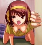  1girl all_fours asuka_langley_souryuu barefoot breasts breasts_apart brown_eyes brown_hair cleavage down_blouse downblouse fourth_wall hair_ribbon hanging_breasts haruhi_suzumiya loose_shirt neon_genesis_evangelion nipple_slip nipples open_mouth parody ribbon shirt short_hair solo suzumiya_haruhi the_melancholy_of_haruhi_suzumiya 