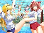  6+girls :d ^_^ barefoot blonde_hair blue_eyes blush bow bra buruma closed_eyes compete competition feet game_cg gym_uniform hair hanging hentai katagiri_cheryl kick kicking lingerie long_hair makino_konoha multiple_girls name_tag nekonyan nipple_tweak open_mouth pool raspberry_(game) smile soles sweatdrop tears tickling toes underwear 