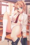  areolae blue_eyes blush bow bow_panties breasts brown_hair buruma buruma_around_one_leg buruma_pull cameltoe classroom desk dress_shirt duplicate hair hair_bow hentai kneehighs leaning_back leg_lift light_skin long_hair navel neck_tie nipple_slip nipples no_bra open_clothes open_shirt panchira panties ponytail school_uniform shiomiya_kanami shirt side-tie_panties sitting socks taka_tony takayuki_tanaka tanaka_takayuki tony_taka underwear undressing white_legwear white_panties 