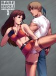  1boy 1girl abs axel_stone blaze_fielding breasts brown_hair circle_garyuu clothes_lift covered_nipples fingerless_gloves gloves high_kick highres jpeg_artifacts kicking long_hair medium_breasts miniskirt muscular panties pantyshot pencil_skirt sega sideboob skirt skirt_lift streets_of_rage streets_of_rage_3 thighhighs underwear video_game 