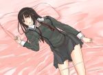 1girl 3u azuki_miho bad_id bakuman bed bed_sheet black_hair breasts cute hair horny lipstick lying miho_azuki on_back panties panty_pull pillow school_uniform serafuku skirt solo underwear