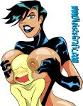 1boy 1girl anon areola between_breasts black_gloves black_hair black_lipstick blue_eyes blush breast_smother breast_squeeze breasts deviantart gloves huge_breasts latex latex_gloves latex_suit lipstick majestic nipples open_mouth short_hair society_of_virtue teeth