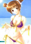  1girl azuma_yuki beach bikini blush breasts brown_eyes brown_hair cleavage copyright_request front-tie_bikini front-tie_top hentai highres large_breasts ocean panties sea side-tie_bikini side-tie_panties solo swimsuit underwear undressing untied untied_bikini 