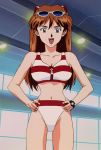 1girl 80s anime asuka_langley_souryuu bikini canon canonical_scene holding_hips neon_genesis_evangelion red_hair smile sunglasses swimsuit