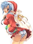 1girl ass blue_hair breasts christmas christmas_elf elf female gift hat kuroneko_sakon open_mouth original panties pointy_ears santa santa_costume santa_hat sexy_ass simple_background solo striped striped_panties thighhighs underwear upskirt