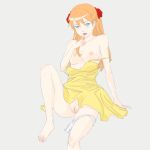 1girl ass asuka_langley_souryuu barefoot blue_eyes breasts dress erect_nipples feet hachimitsuboi hairless_pussy long_hair neon_genesis_evangelion nipples panties panty_pull pussy red_hair small_breasts solo spread_legs uncensored underwear yellow_dress