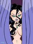 assesina big_breasts black_hair breasts catwoman cleavage curtain dc_comics drawing female first_porn_of_character green_eyes lipstick necklace nude pink_lips selina_kyle