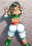  1girl against_wall ass blush brown_eyes female green_hair kitamura_(bamboo) solo soulcalibur soulcalibur_ii sweat talim tied_hair twintails 