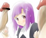  1girl ball_caress caressing_testicles censored cross crotch_grab disembodied_penis double_handjob hair hair_ornament hairpin handjob kannagi multiple_penises penis purple_hair shibasaki smile solo_focus testicles zange 