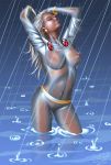 2007 breasts closed_eyes dark-skinned_female dark_skin erect_nipples hair hairless_pussy huge_breasts marvel nipples ororo_munroe pussy rain see_through storm_(x-men) water wet white_hair x-men