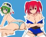 ass barefoot blue_eyes blush breasts cleavage crossed_arms dogeza_emon female komachi_onozuka lowleg lowleg_panties onozuka_komachi panties red_eyes shiki_eiki shikieiki_yamaxanadu sikieiki_yamaxanadu striped striped_panties thighhighs toes touhou underwear undressing