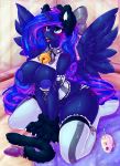 1girl 1girl 2016 absurd_res anthro anthrofied areola bell_collar big_breasts blush breasts buttplug buttplug_tail clothed clothing collar corset digital_media_(artwork) dimwitdog equine fake_cat_ears fake_ears feathered_wings feathers friendship_is_magic furry hair hair_bow hair_ribbon high_res horn inside kneel legwear lingerie long_hair mammal my_little_pony nipples open_mouth princess_luna_(mlp) pussy ribbons sex_toy stockings striped_legwear stripes tongue winged_unicorn wings