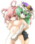 2girls arms_behind_back big_breasts blue_eyes breast_grab breasts clitoris clothed_female_nude_female erect_nipples female from_behind front_to_back grabbing green_hair hair hat headgear komachi_onozuka kuku large_breasts multiple_girls nipples nude onozuka_komachi pink_hair puffy_nipples pussy reach-around red_eyes shiki_eiki shikieiki_yamaxanadu sikieiki_yamaxanadu simple_background spread_pussy touhou uncensored white_background yuri