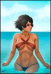 1girl alluring big_breasts bikini breasts brown_eyes brown_hair cleavage earrings high_res jewelry josie_rizal looking_away namco ribbon short_hair smile swimsuit tekken tekken_7 under_boob water wet