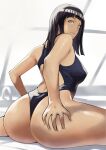 1girl absurd_res arad_baranga ass ass_focus ass_grab back_view bangs big_breasts black_hair blunt_bangs bottom_heavy breasts competition_swimsuit covered_erect_nipples female_only from_behind grabbing_own_ass hand_on_ass hand_on_own_ass high_res hime_cut hinata_hyuuga huge_ass indoors light-skinned_female light_skin light_smile long_hair looking_at_viewer looking_back milf naruto naruto:_the_last naruto_(series) naruto_shippuden one-piece_swimsuit pool poolside puffy_nipples school_swimsuit sitting solo_focus straight_hair swimsuit thighs tight_clothing tight_swimsuit wariza white_eyes