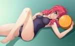 1_female 1_human 1girl barefoot blue_eyes breasts cleavage feldt_grace female female_human female_only gundam gundam_00 haro human human_only leg_up long_hair looking_at_viewer lying pink_hair pussy_bulge solo swimsuit tadano_akira