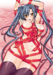 1girl areola areolae arms_up bdsm blue_hair bondage bound breasts kan'u kanu kanu_unchou kizaki_yuuri koihime_musou long_hair lying naked_ribbon nipples orange_eyes ponytail ribbon ribbon_bondage ribbons side_ponytail solo thighhighs tied tied_up underbreasts yellow_eyes