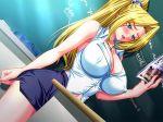  1girl adjusting_clothing big_breasts bishop_(company) blonde_hair blush breasts cleavage dutch_angle erect_nipples game_cg green_eyes hasekura_ritsuko hentai huge_breasts kagami kagami_hirotaka long_hair mesu_kyoushi miniskirt pencil_skirt podium sensei skirt solo teacher tight 