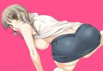 1girl all_fours breasts brown_eyes brown_hair kimi_kiss kimikiss kure_masahiro mao_mizusawa miniskirt mizusawa_mao mouth_hold no_bra pencil_skirt skirt solo wallpaper