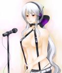 1girl ahoge bad_id breasts cleavage collar haku_yowane headphones large_breasts long_hair microphone microphone_stand nail_polish naked_suspenders nez-doll red_eyes revealing_clothes ribbon silver_hair sling_bikini solo suspenders swimsuit topless vocaloid voyakiloid yowane_haku