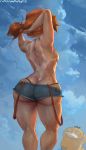 adjusting_hair cutesexyrobutts kasumi_(pokemon) misty no_shirt pokemon pokemon_(anime) psyduck shorts tan_line topless viewed_from_behind