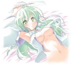  1girl blush border breasts clothing detached_sleeves female green_hair high_resolution kibushi kochiya_sanae large_breasts lying miko navel no_bra on_back open_clothes open_shirt sanae_kochiya shirt snake solo touhou touhou_project wafuku yellow_eyes 